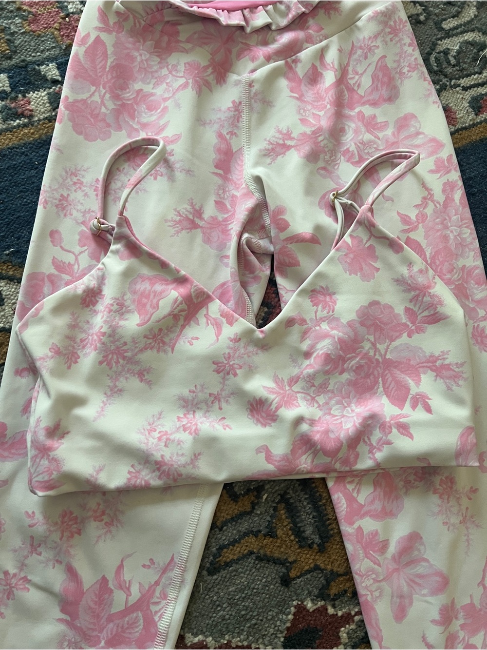 LoveShackFancy X Beach Riot 2 PIECE SET SMALL - Dana Pink White Ruffle Floral - Picture 2 of 13